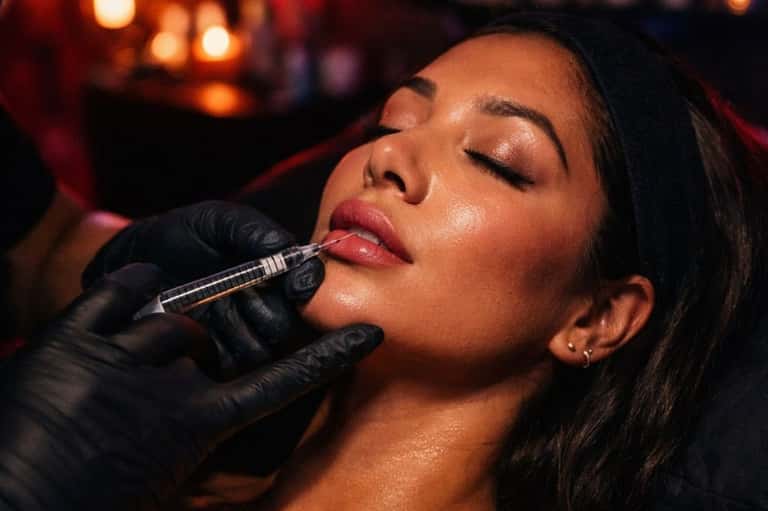 Healthcare provider administering injectable treatment to patient's face with syringe