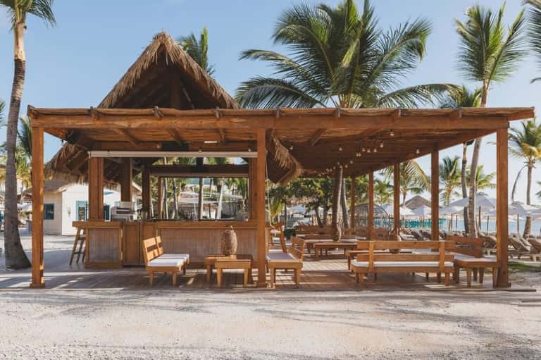 Beach cabana with thatched roof, wooden seating area, and palm trees