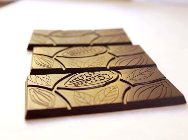 Artisanal chocolate bars with cocoa pod designs and dark chocolate coating