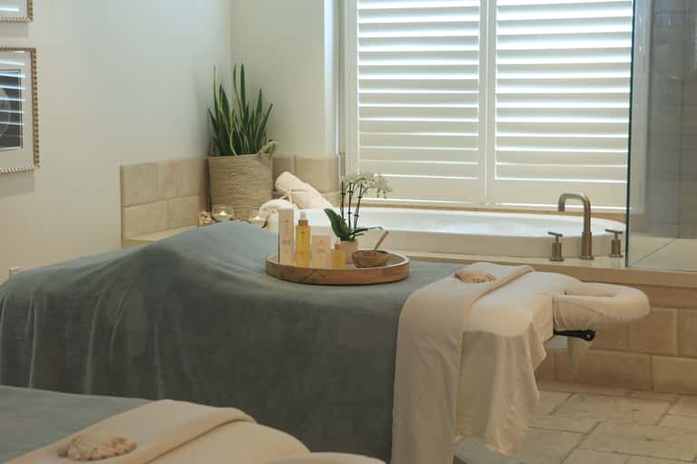 Spa treatment room with massage bed, bath tub, decorative plants, and natural light from large windows
