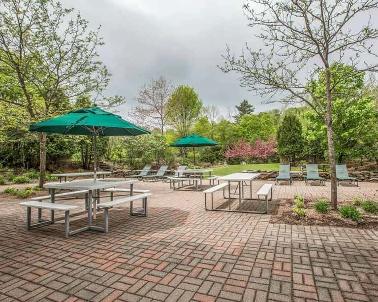 Outdoor patio with picnic tables, lounge chairs, green umbrellas, and mature trees