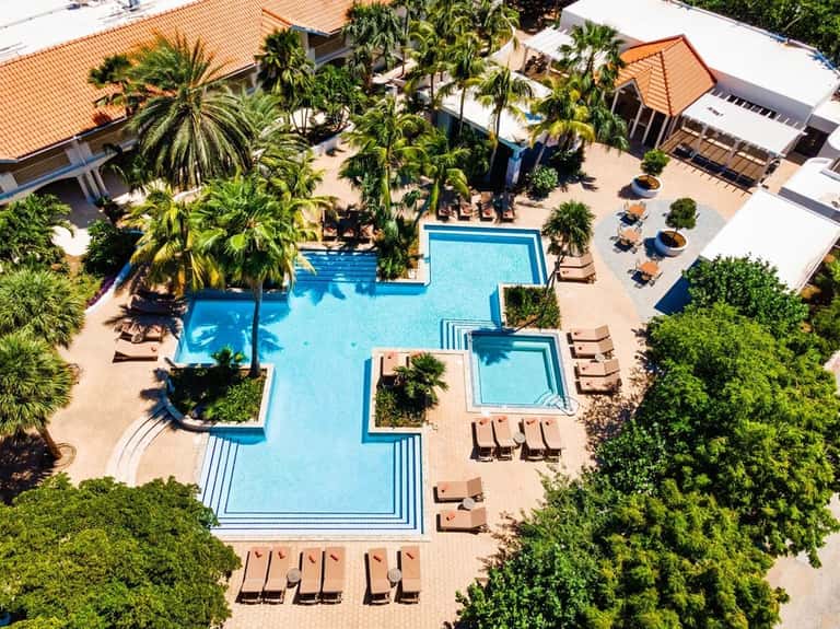 Aerial view of resort pool complex with palm trees, lounge chairs, and terracotta-roofed buildings