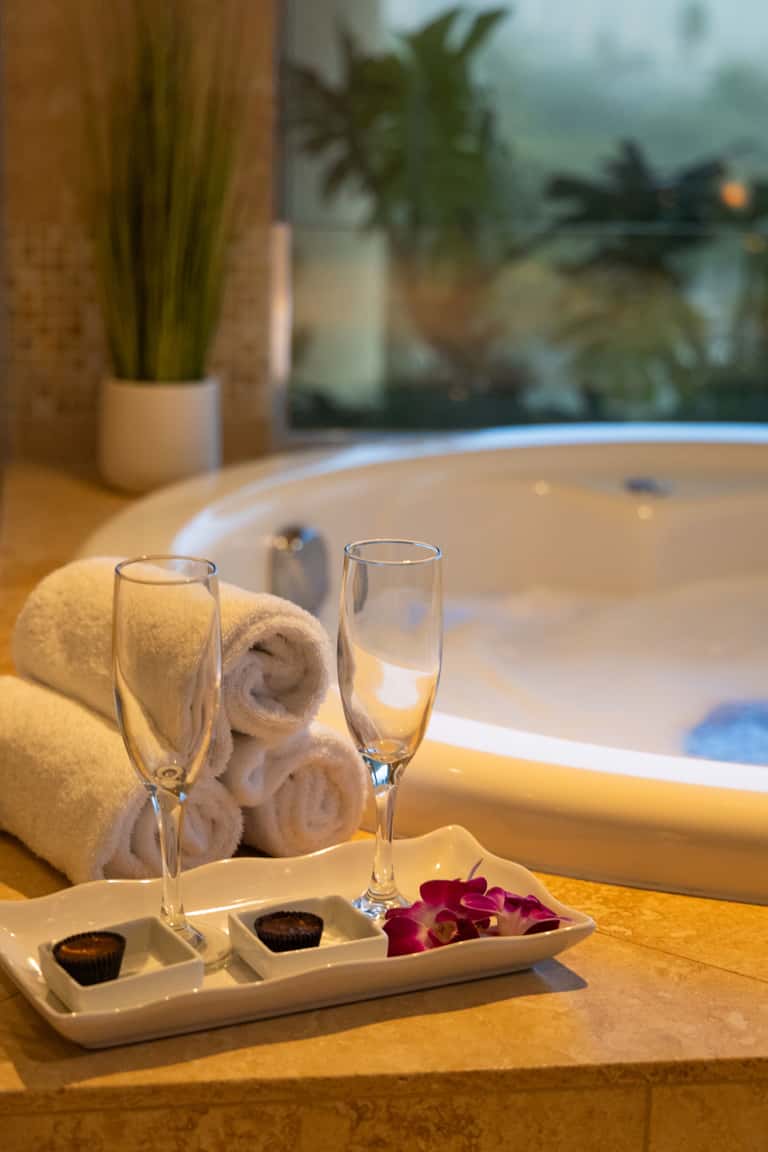 Spa bathtub with champagne flutes, rolled towels, flower petals, and garden view