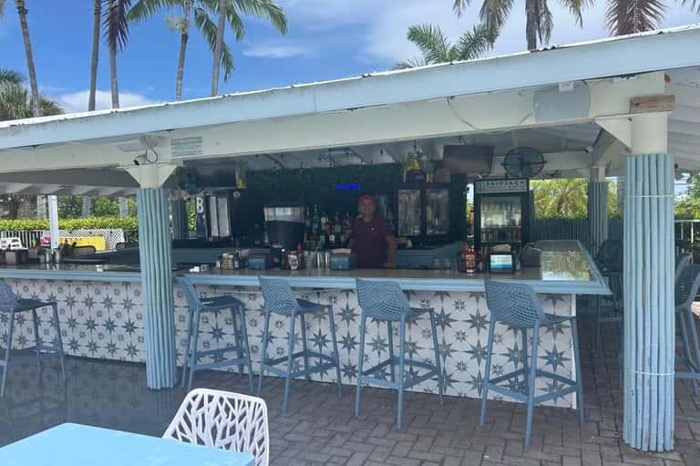 Beachfront bar counter with blue patterned stools, palm trees, and covered serving area at tropical resort