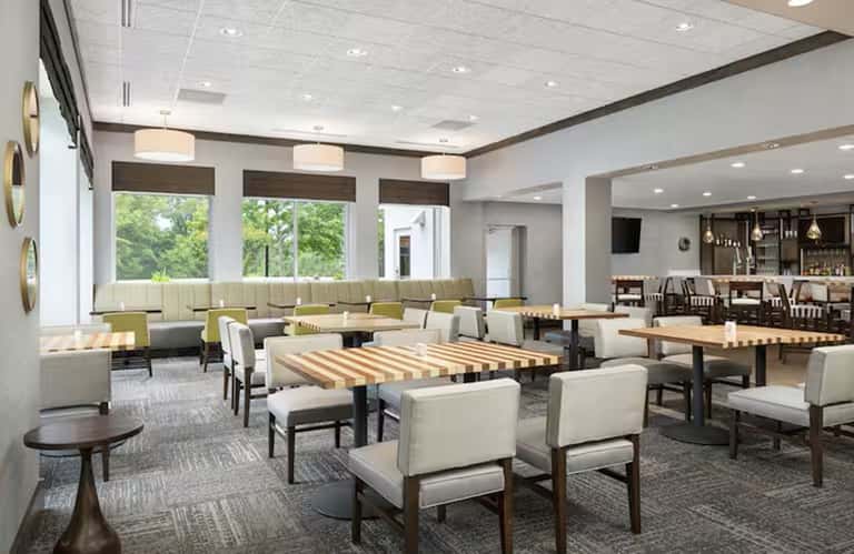 Modern hotel lounge with striped tables, cream chairs, large windows overlooking trees, and bar area