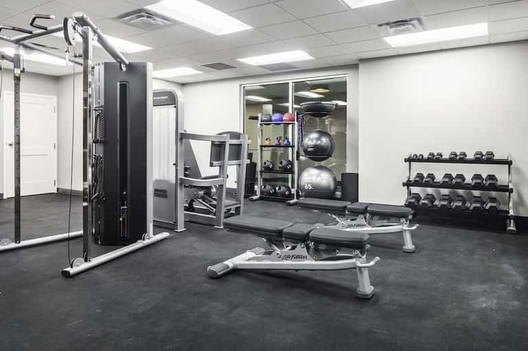 Modern fitness center with cardio machines, free weights, dumbbells, and exercise equipment