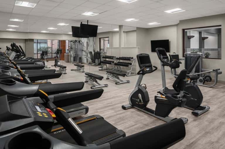 Contemporary fitness center with cardio equipment, weights, and mirrored walls