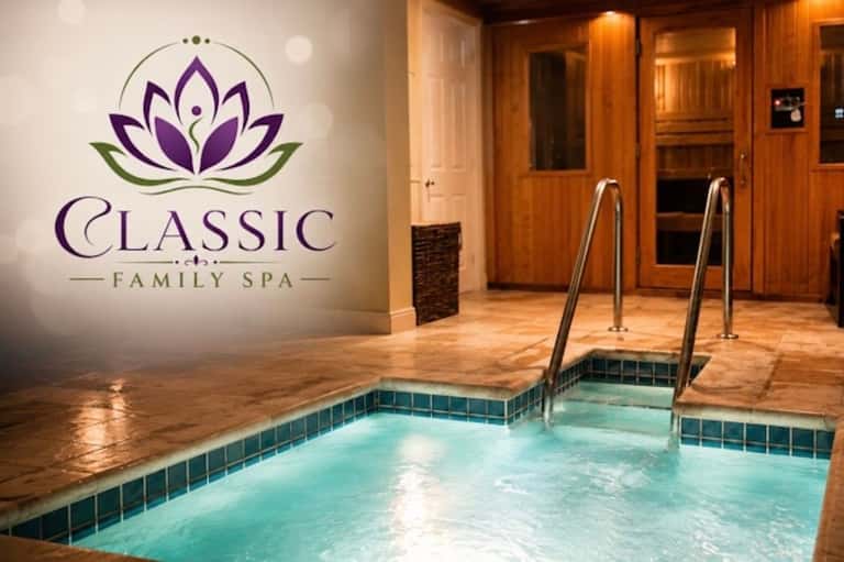 Classic Family Spa entrance with purple lotus logo and indoor spa pool with teal water