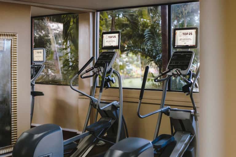 Fitness center with cardio equipment facing tropical windows and palm tree views