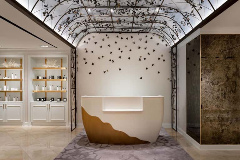 Contemporary spa entrance with botanical arch, white product shelves, sculptural basin, and artistic wall installation