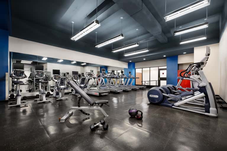 Fitness center with cardio equipment, treadmills, exercise bikes, and free weights on black flooring