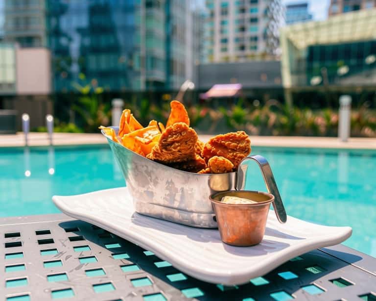 Fried chicken and orange slices served in a metallic bucket with sauce on poolside table