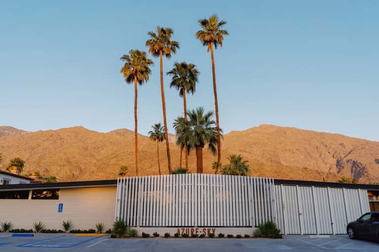Mid-century modern motel exterior with desert mountains and tall palm trees