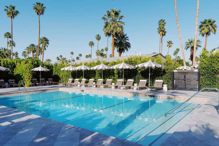 Resort swimming pool with white umbrellas, lounge chairs, and palm tree landscape