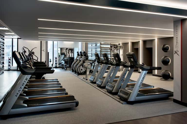 Long rows of modern treadmills and stationary bikes in a sleek fitness center with linear ceiling lights