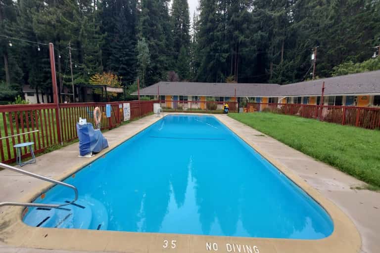 Rectangular swimming pool with blue water, wooden railings, cabin buildings, and tall redwood forest backdrop