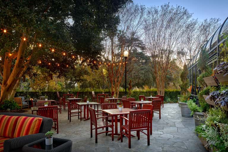 Outdoor patio with dining tables, red chairs, string lights, and tall trees at dusk
