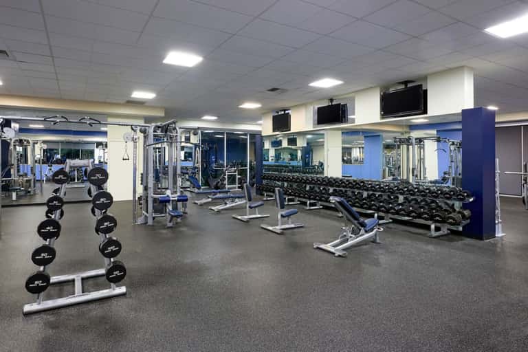 Full-service gym with cardio equipment, free weights, and mirrors lining blue walls