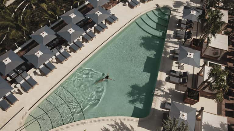 Aerial view of resort pool with loungers, umbrellas, and palm trees lining the deck