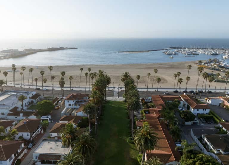 Aerial view of beach with marina, palm trees lining the shore, sailboats in harbor, and residential neighborhood