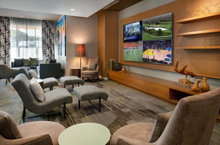 Modern lounge with comfortable gray chairs, wood paneling, multi-screen sports display, decorative shelving, and natural lighting