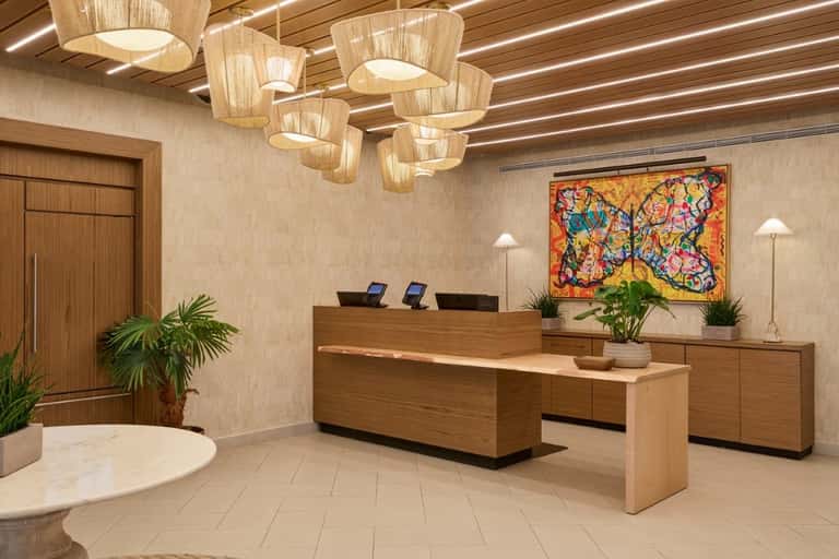 Hotel lobby reception desk with wooden elements, artwork, and elegant lighting