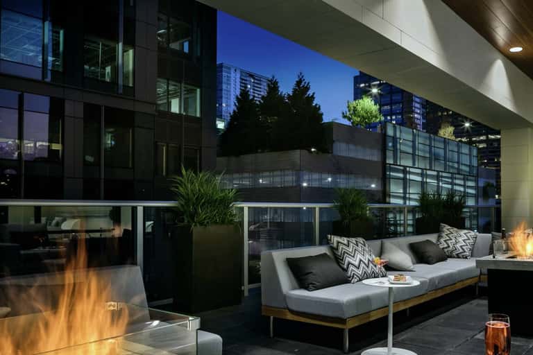 Rooftop lounge at dusk with fire pit, gray seating, decorative plants, and city skyline backdrop