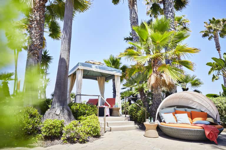 Luxury resort poolside lounge with palm trees, cabanas, and covered daybed with orange cushions