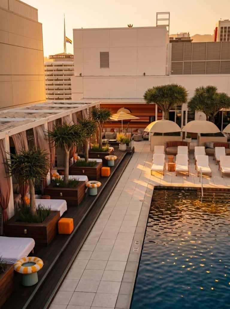 Resort pool deck at sunset with cabanas, loungers, umbrellas, and landscaping beside water