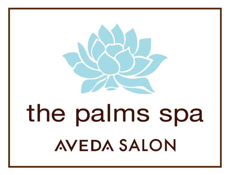 The Palms Spa Aveda Salon logo featuring turquoise lotus flower on white background
