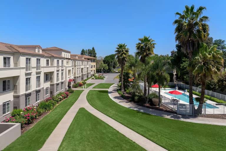 Luxurious resort courtyard with palm trees, manicured lawns, curved pathways, and swimming pool with red umbrellas