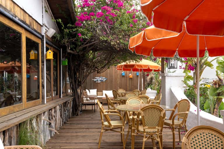 Coastal outdoor patio with orange umbrellas, rattan seating, flowering bougainvillea tree, and wooden storefront