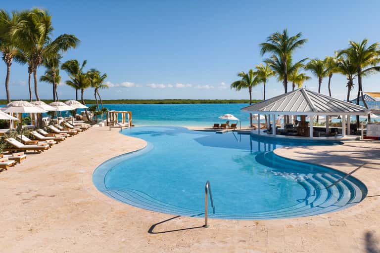 Resort pool with curved design, cabana, palm trees, and ocean view in background