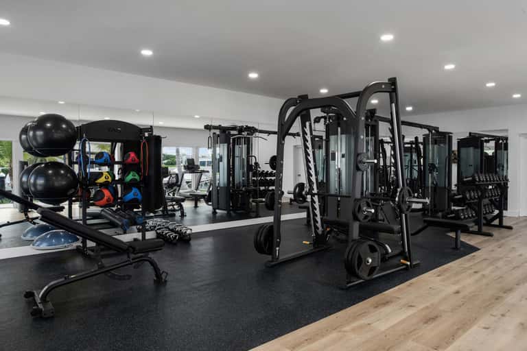 Modern fitness center with exercise machines, weight equipment, and black fitness balls on dark flooring