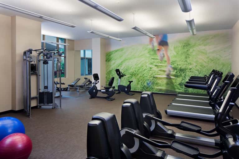 Well-equipped fitness center with cardio machines, weights, and motivational wall graphics