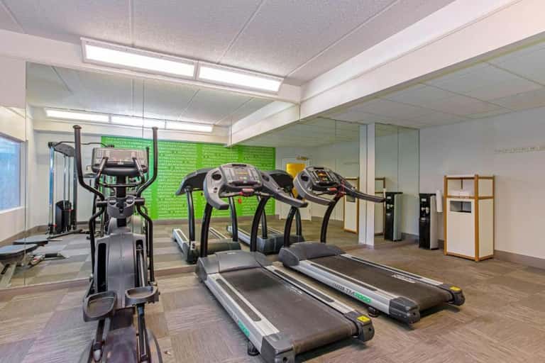 Modern fitness center with treadmills, elliptical machines, and exercise equipment on wood flooring