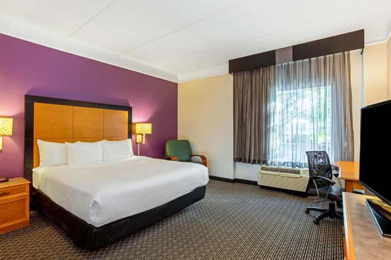 Hotel bedroom with purple accent wall, orange headboard, queen bed, and modern furnishings