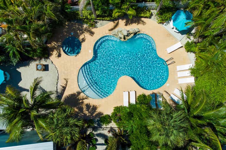 Aerial view of kidney-shaped pool with white loungers, tropical landscaping, and surrounding deck