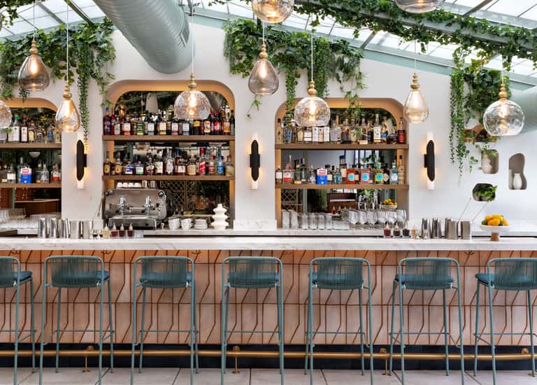Modern bar with brass pendant lights, potted plants, white countertop, and teal bar stools beneath arched shelving displaying spirits.