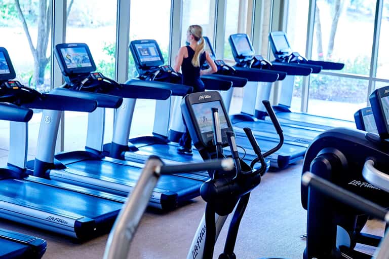Modern fitness center with cardio equipment, treadmills, large windows, and natural daylight