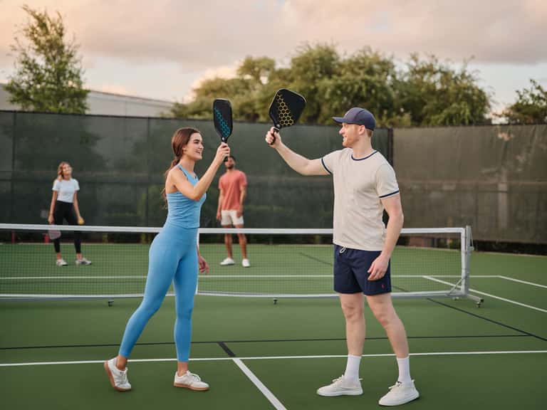 Two people playing pickleball on outdoor court, celebrating with paddles raised, observers in background