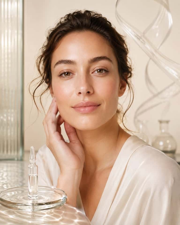 Woman with glowing skin touching her face beside skincare serum bottle
