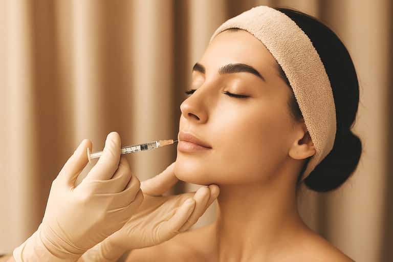 Woman receiving dermal injection treatment on cheek in medical aesthetic clinic