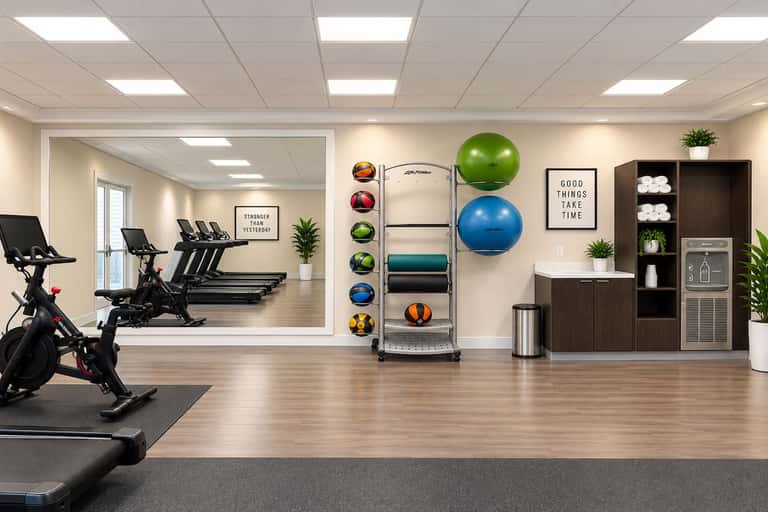Modern home gym with exercise bikes, treadmills, weight storage, stability balls, and motivational wall signage