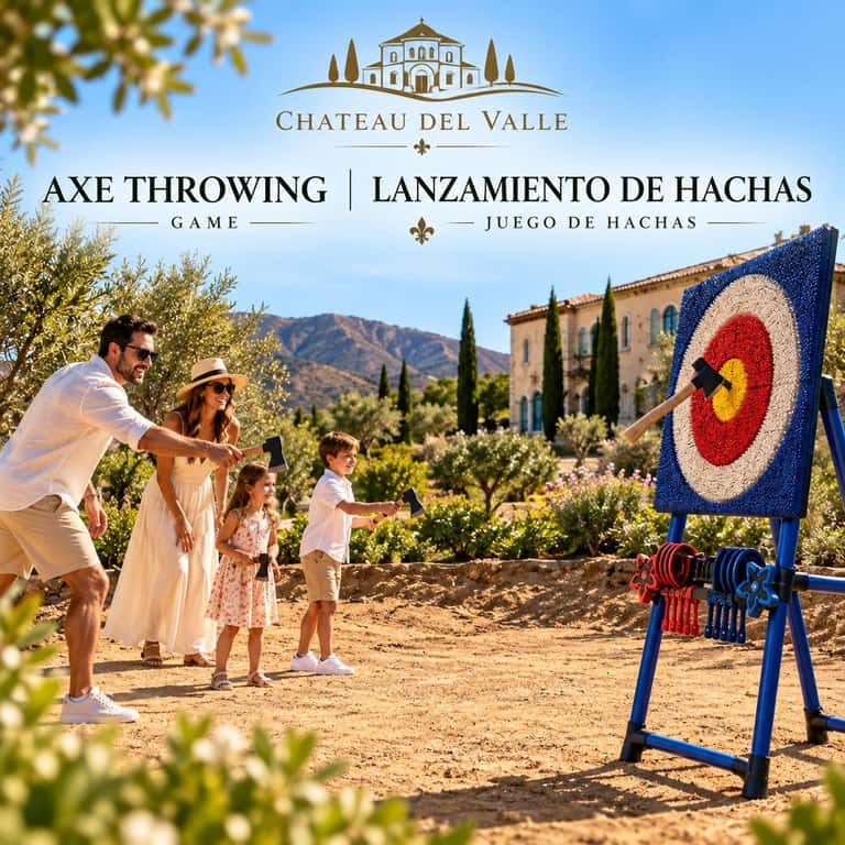 Family playing axe throwing game at Chateau del Valle with vineyard and mountains