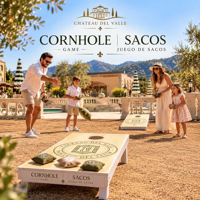 Family playing cornhole game at Chateau del Valle resort with vineyard landscape and architecture in background