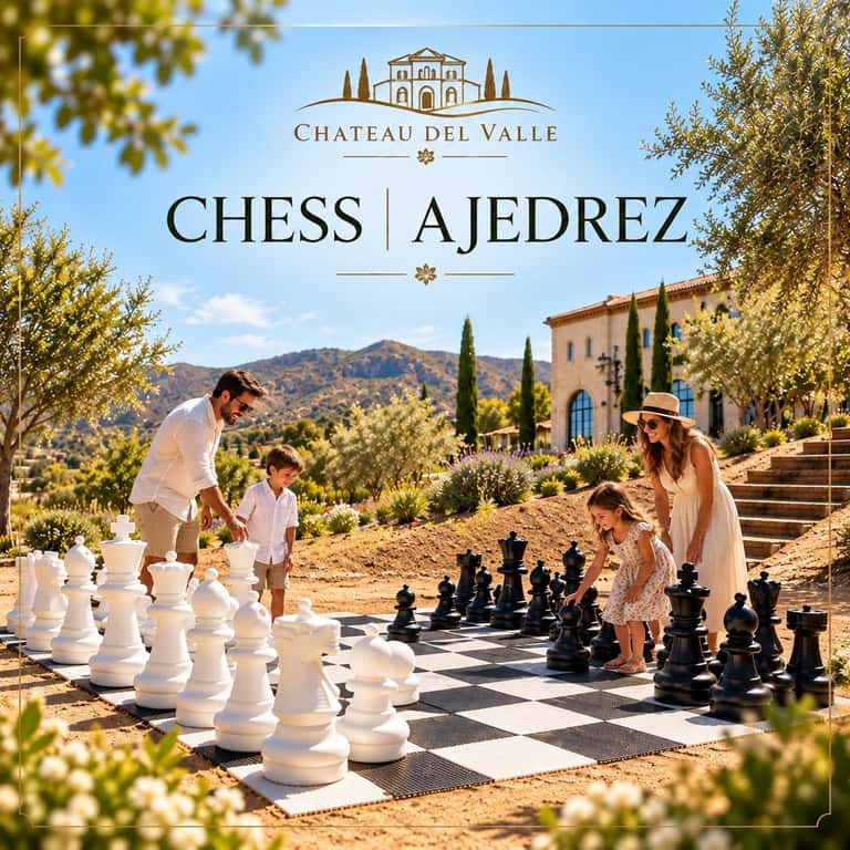 Family playing oversized chess game at Chateau del Valle resort with cypress trees and hilltop villa visible