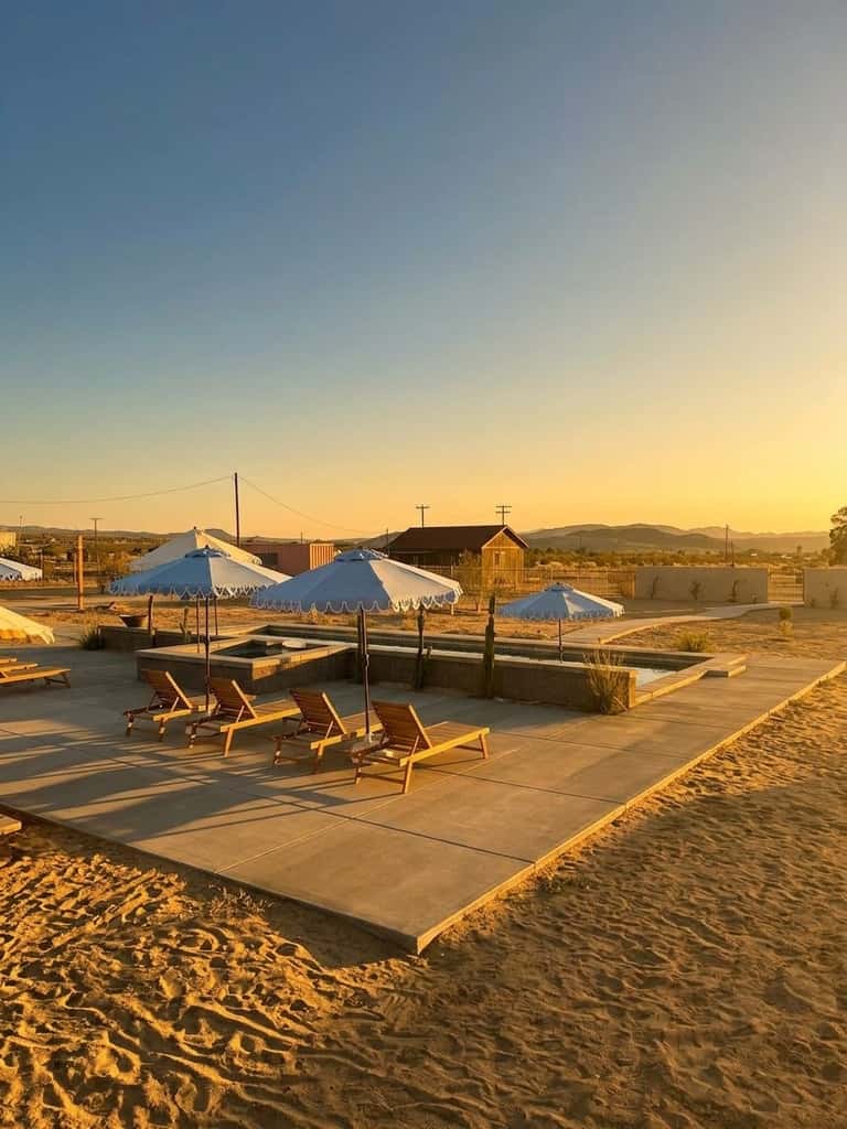 Pool area with blue umbrellas, wooden lounge chairs, and concrete deck at sunset in desert setting