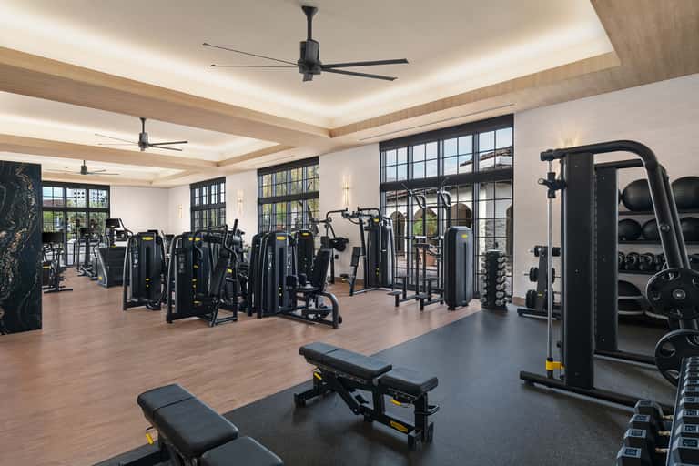 Luxury fitness center with black exercise machines, wooden ceiling beams, and large windows overlooking the grounds