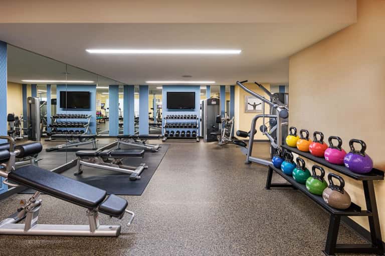 Fully equipped fitness facility with free weights, kettlebells, mirrored walls, and flat-screen TVs